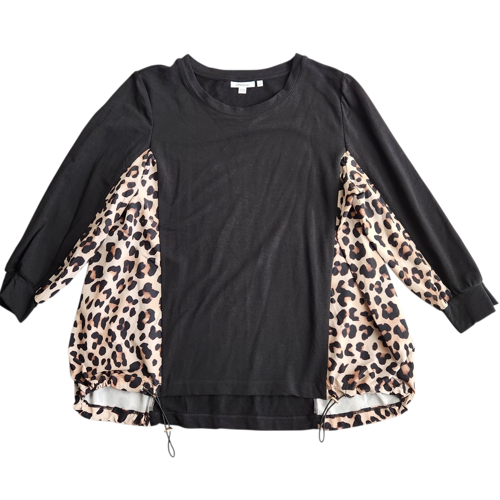 Chico's Animal Print Sweater Women's XL Black Brown Adjustable Hem Safari Knit
